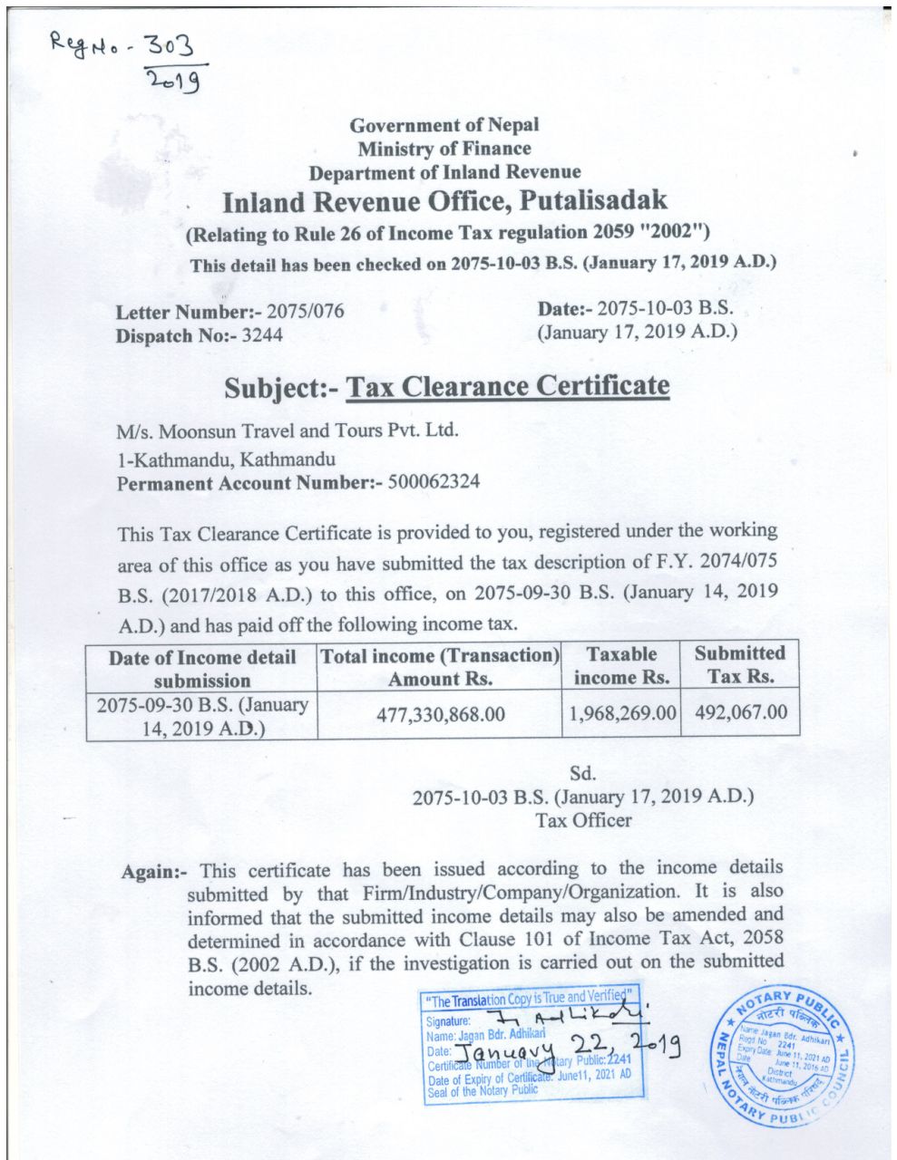 Tax Clearance Certificate 2075-076